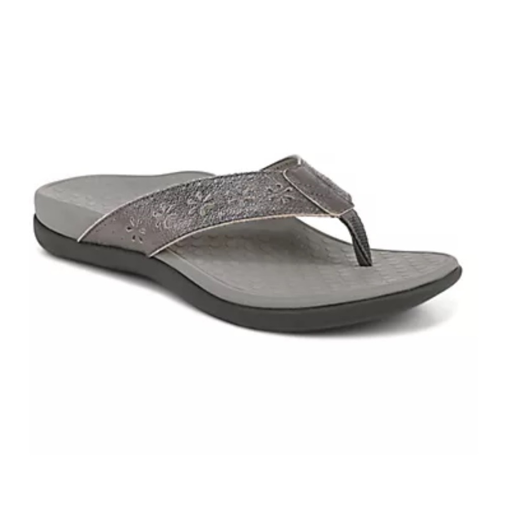 Vionic Perforated Leather Thong Sandals - Tide Shona - 6 Medium - Pewter